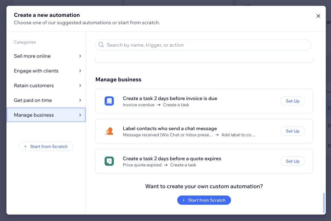 Wix trigger selectie scherm met Facturen opties en Factuur verstuurd trigger