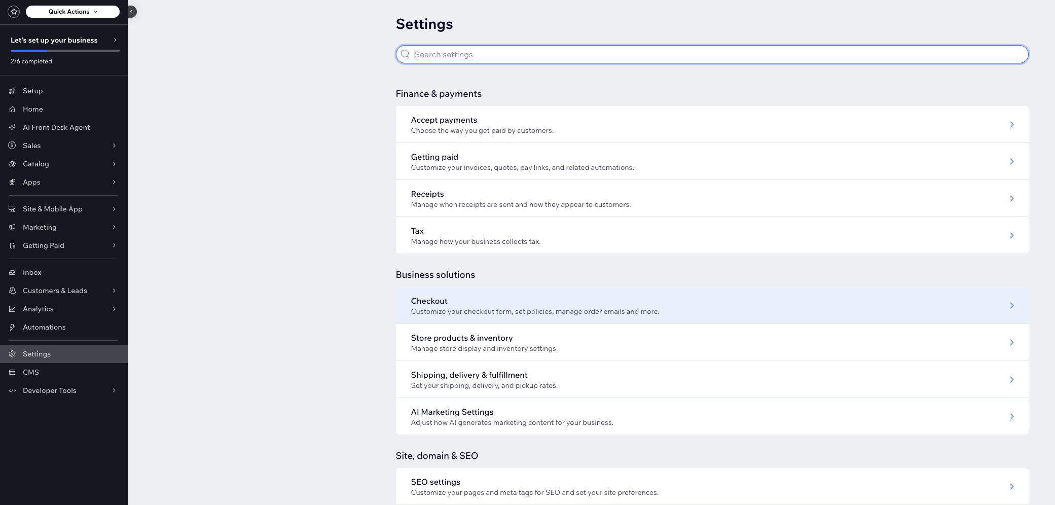 Wix Instellingen pagina met Betaalpagina optie in Bedrijfsoplossingen sectie