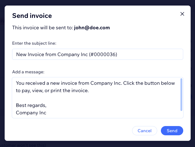 Wix factuur versturen scherm
