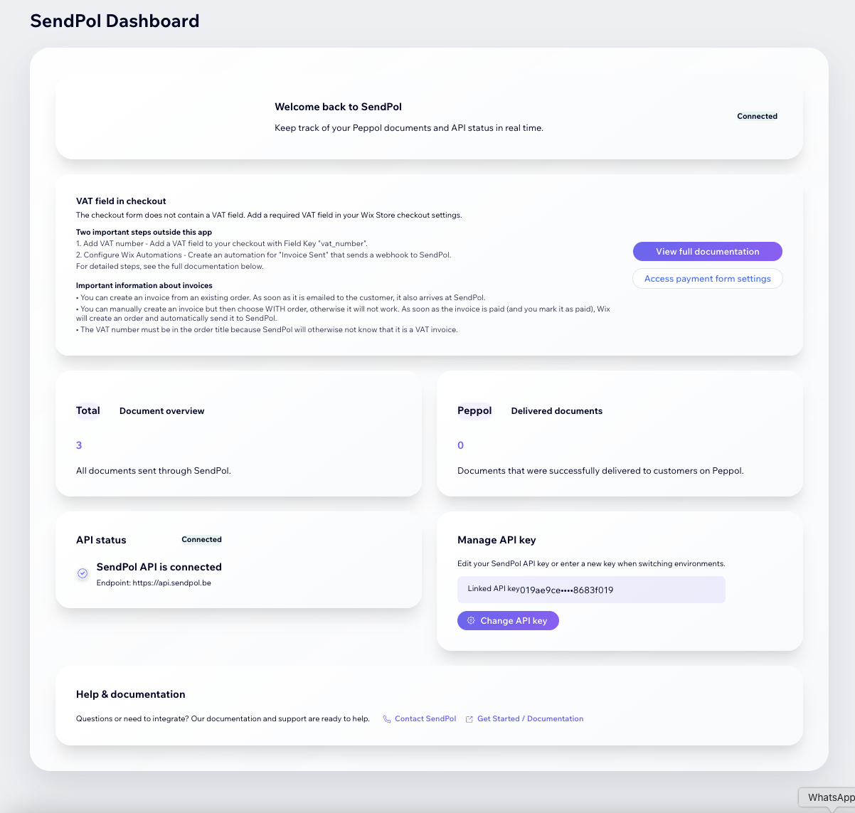 SendPol dashboard met Wix webshop en API key