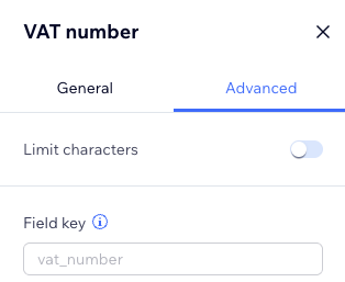 Wix BTW Nummer veld configuratie met Geavanceerd tabblad waar vat_number wordt ingevuld